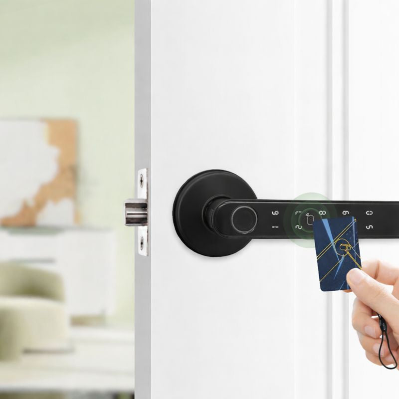 Smarta dörrlås med fingeravtryck, fjärrstyrning via app, upplåsning med lösenord, IC-kort och traditionell nyckel.